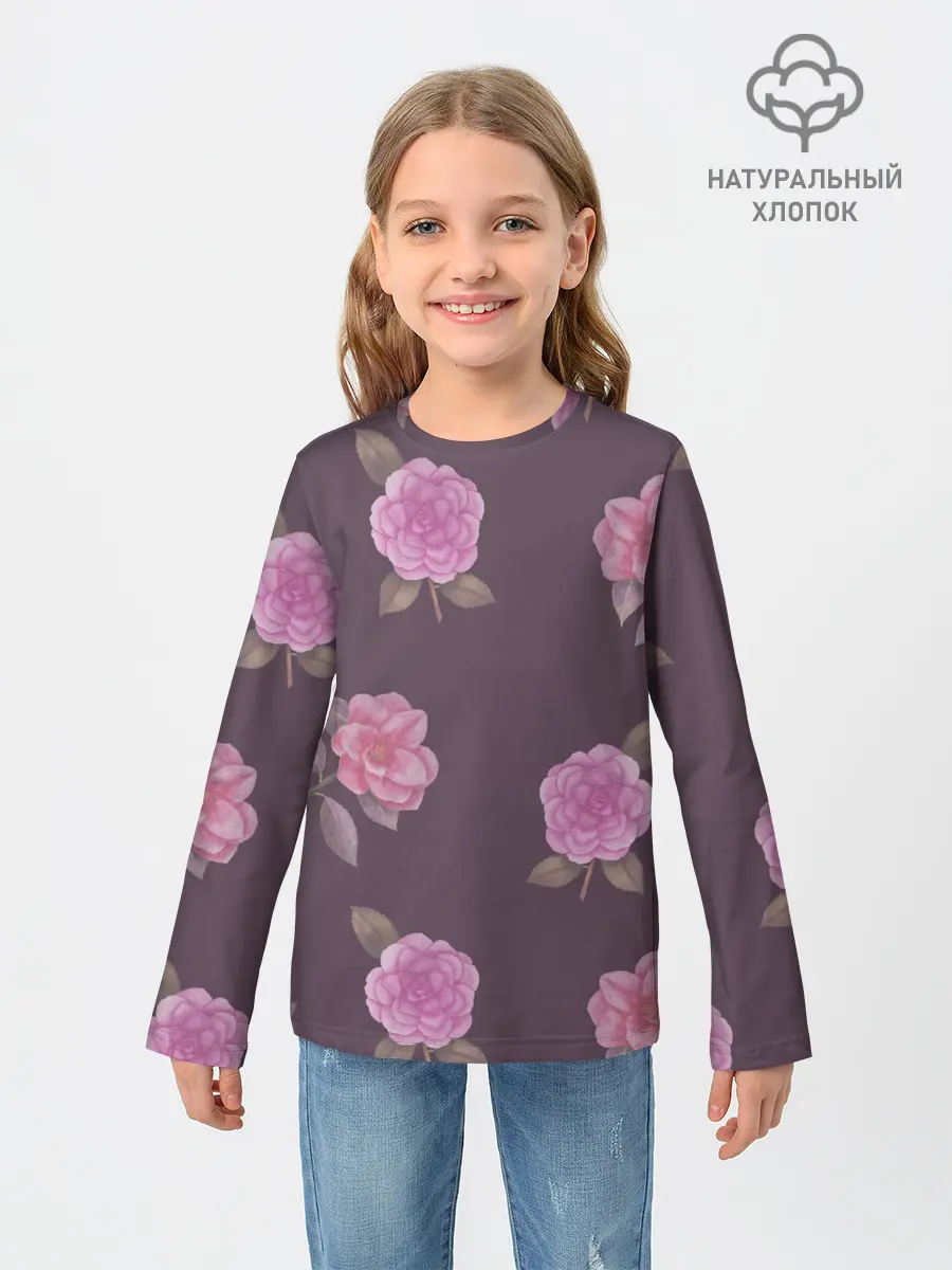 Детский лонгслив / Камелии на вишневом фоне