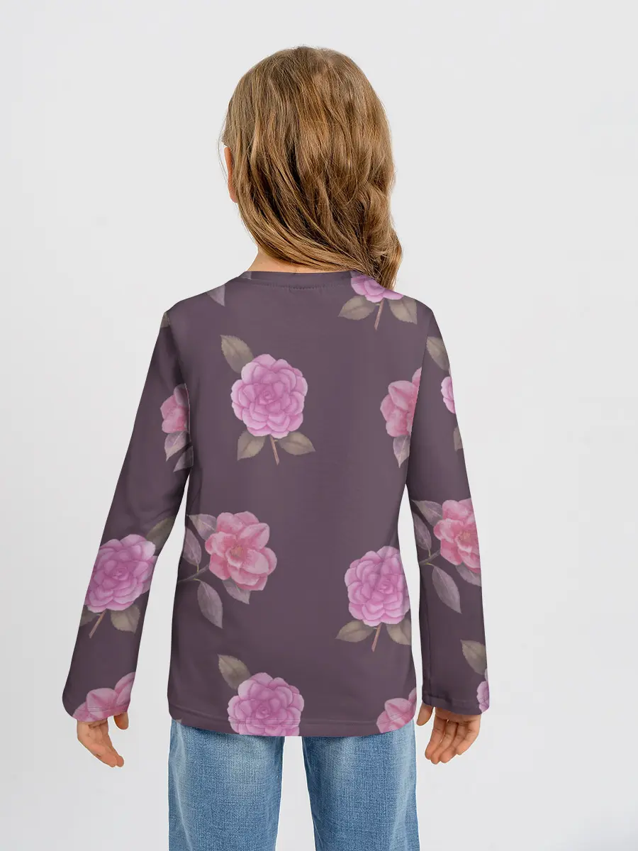 Детский лонгслив / Камелии на вишневом фоне