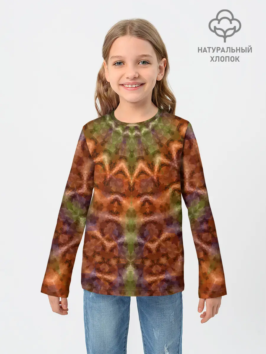 Детский лонгслив / Оранжево-оливковый калейдоскоп