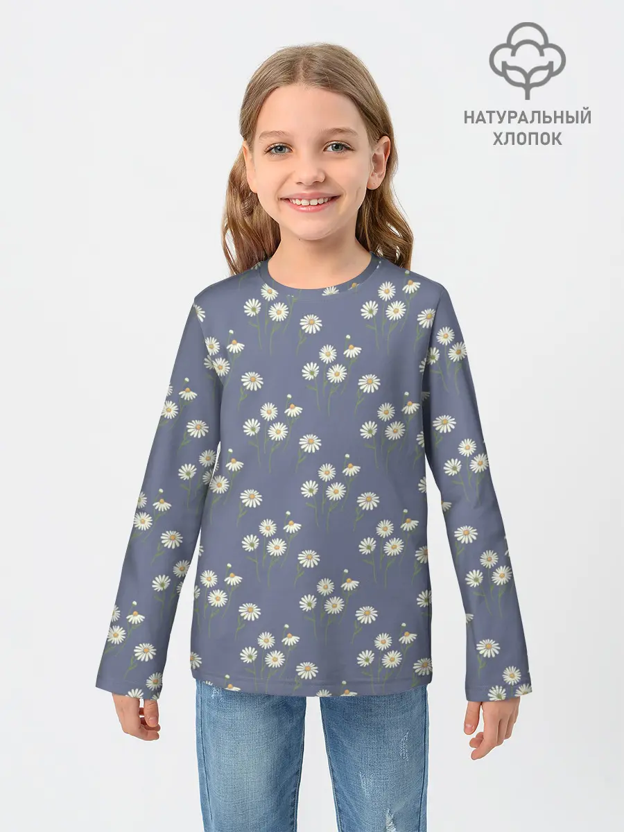 Детский лонгслив / Ромашки на сером паттерн