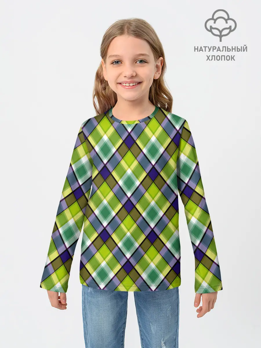 Детский лонгслив / Крупный клетчатый косой узор