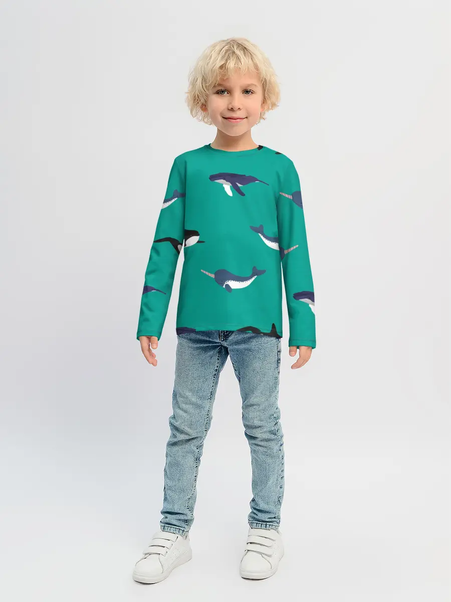 Детский лонгслив / Нарвал, киты, касатка паттерн