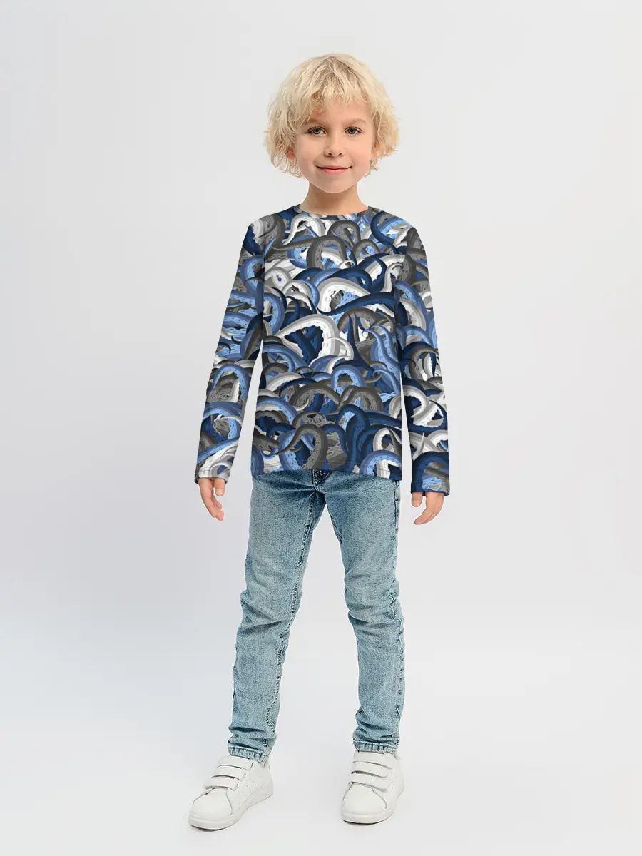 Детский лонгслив / Синий камуфляж с щупальцами