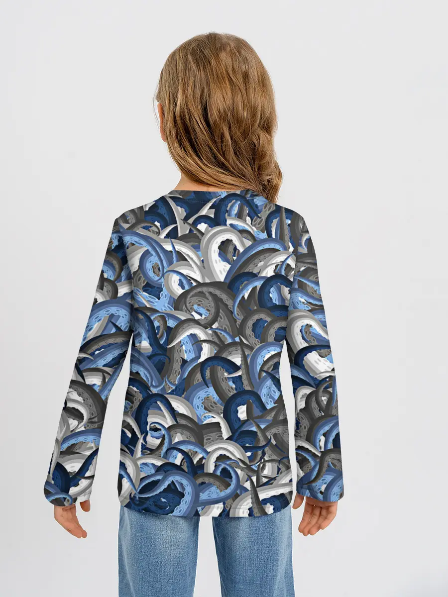 Детский лонгслив / Синий камуфляж с щупальцами