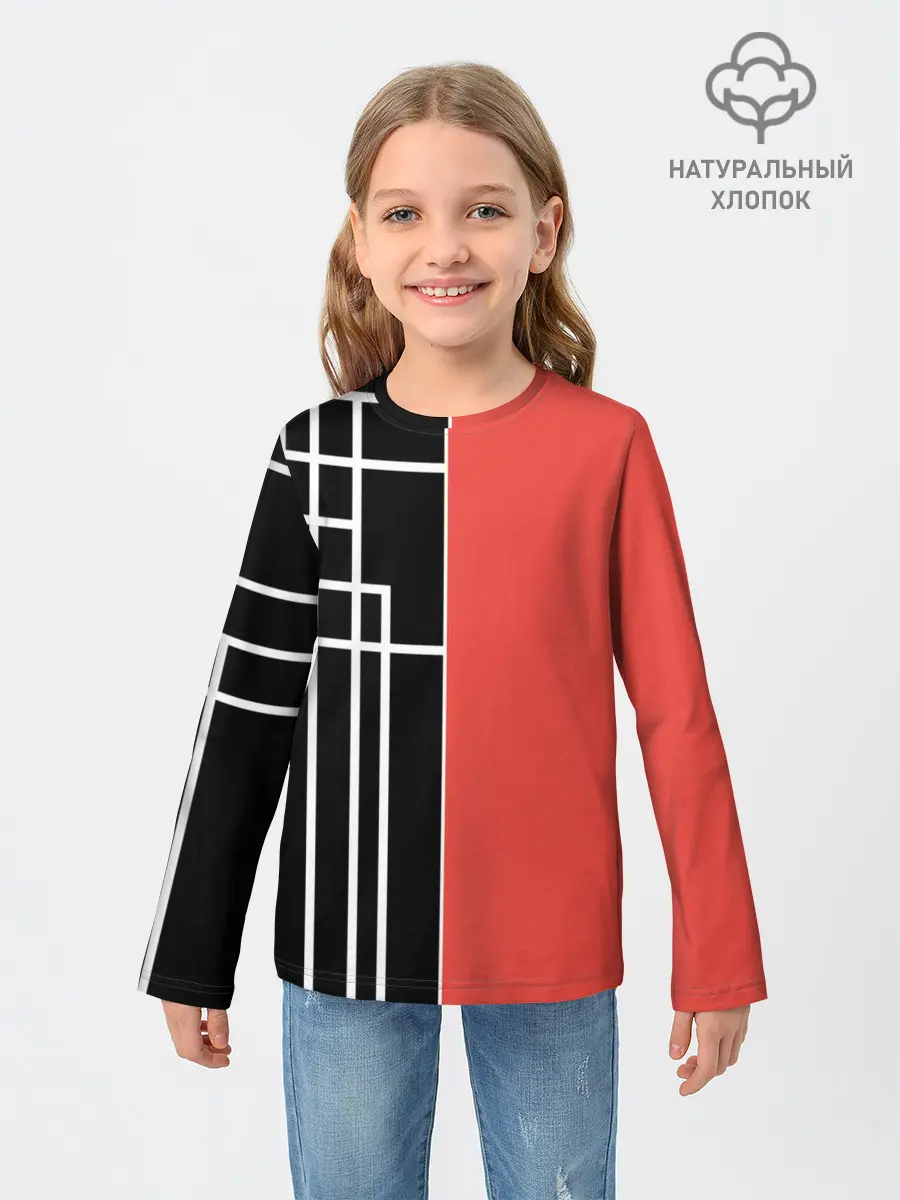 Детский лонгслив / Черный и коралловый арт деко