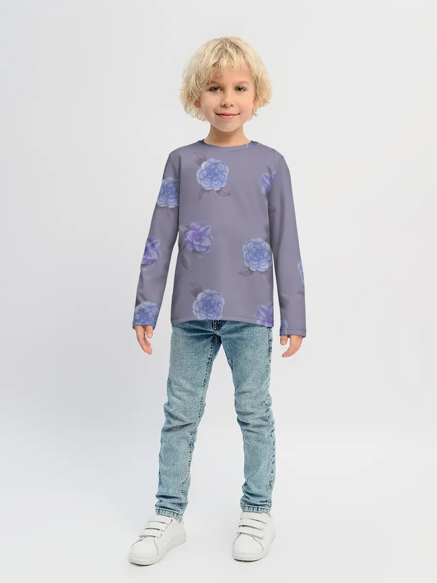 Детский лонгслив / Голубые камелии на сером