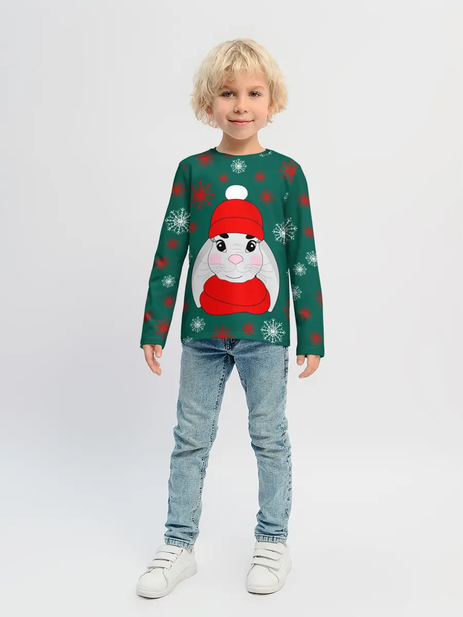 Детский лонгслив / зимний кролик и снежинки