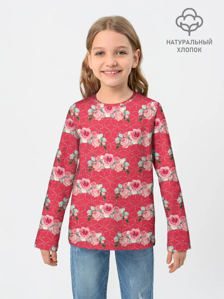Детский лонгслив / Красные розы паттерн
