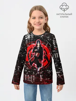 Детский лонгслив / ИТАЧИ УЧИХА ИЕРОГЛИФЫ гранж