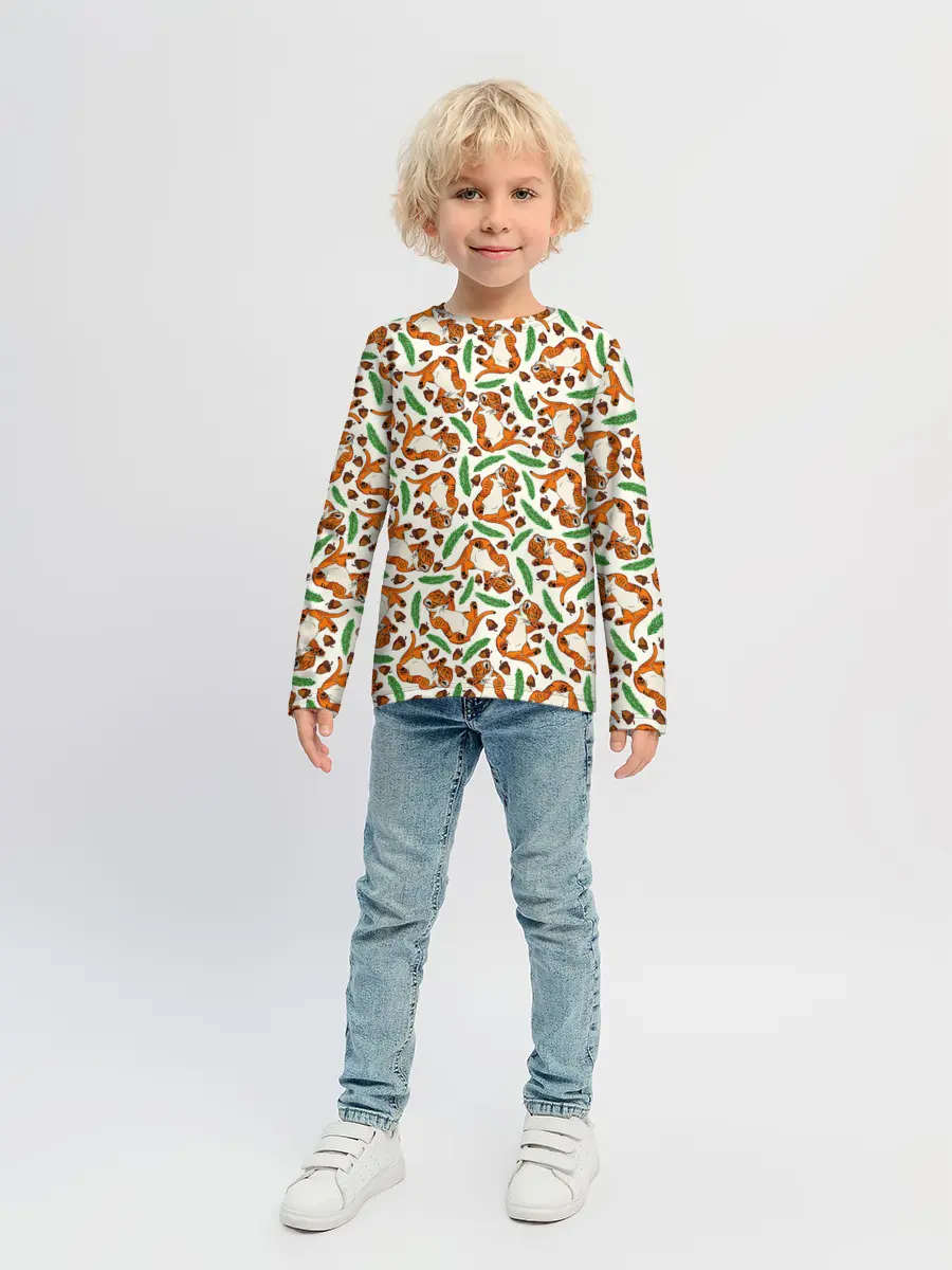 Детский лонгслив / Тигрята, еловые ветки и желуди