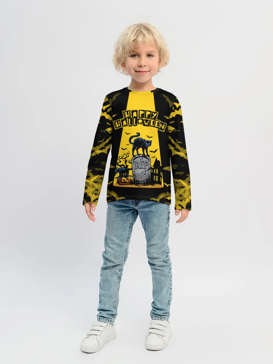 Детский лонгслив / КОТ НА КЛАДБИЩЕ | ХЕЛЛОУИН