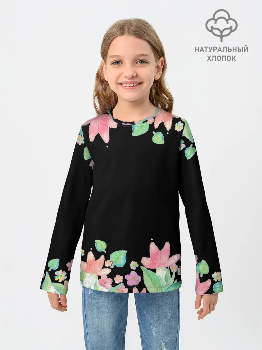 Детский лонгслив / Рамка из розовых и зеленых листьев