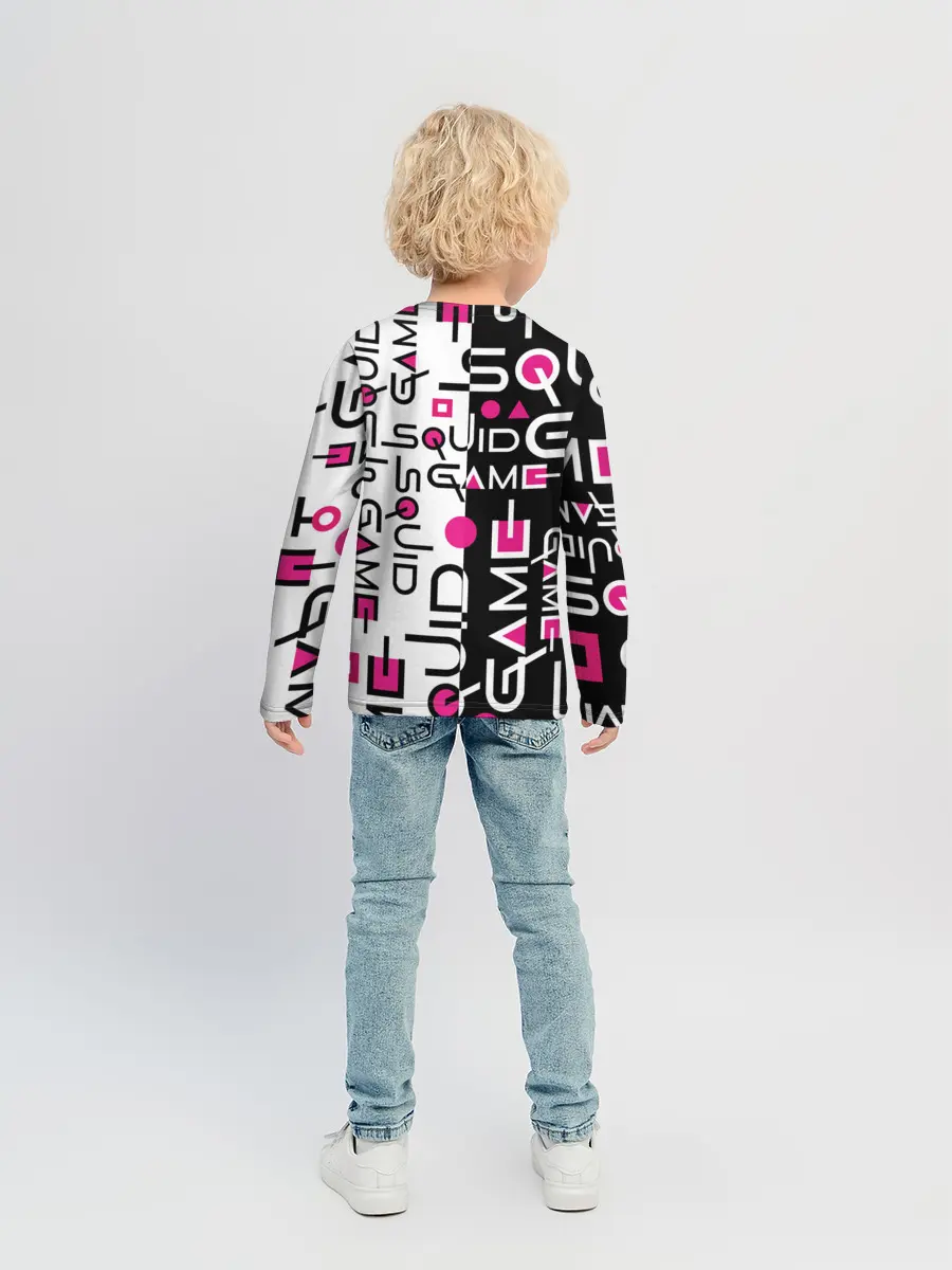 Детский лонгслив / ИГРА В КАЛЬМАРА / ЧЁРНО БЕЛЫЙ ПАТТЕРН ЛОГО