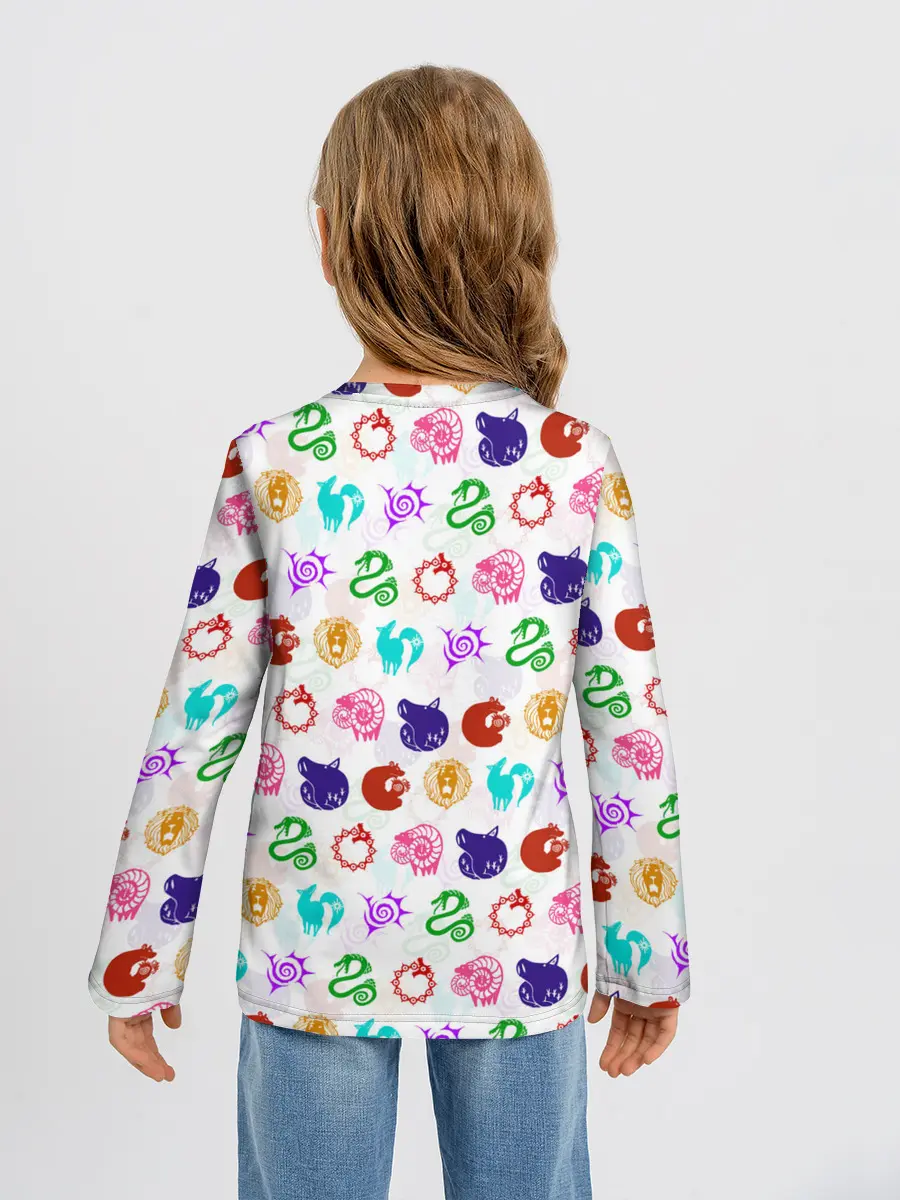 Детский лонгслив / 7 СМЕРТНЫХ ГРЕХОВ ЦВЕТНОЙ ПАТТЕРН СИМВОЛЫ