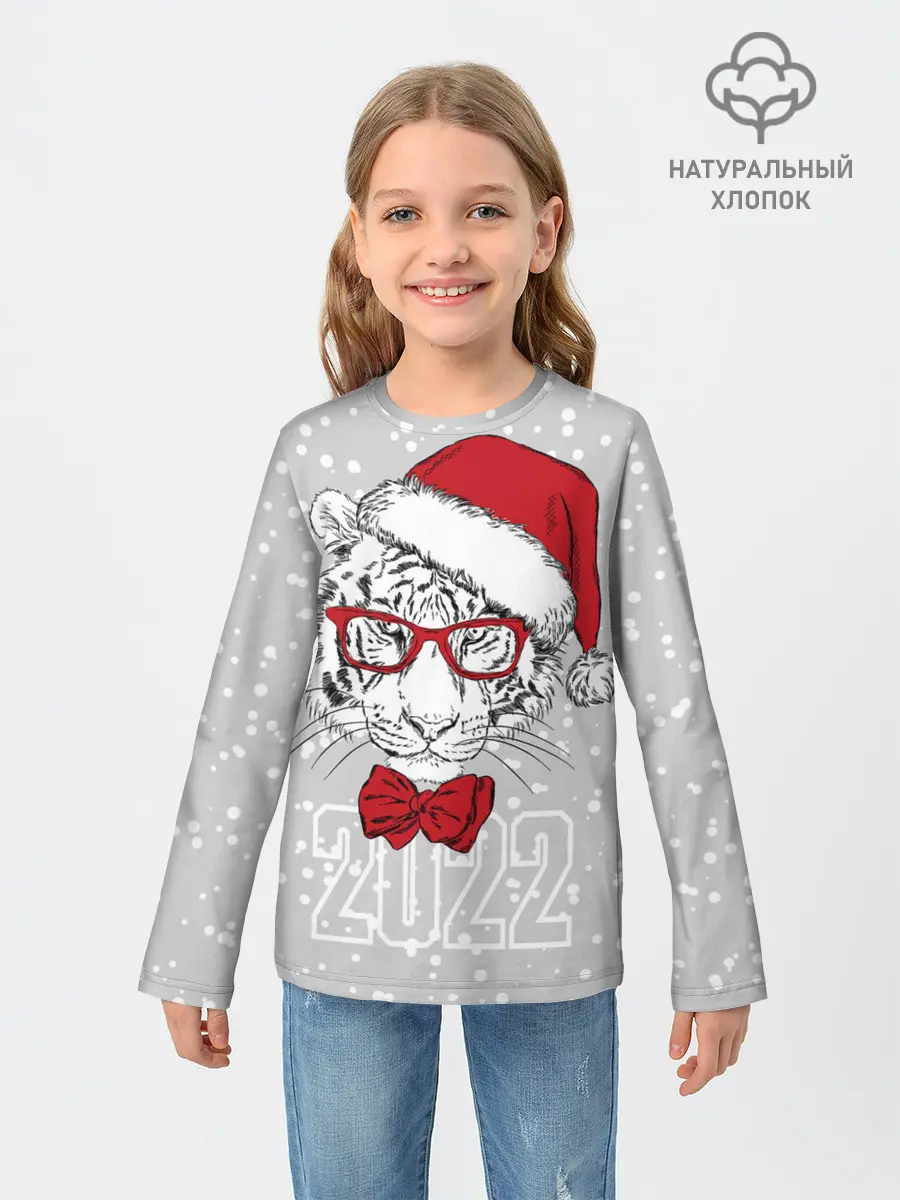 Детский лонгслив / Белый тигр в шапке Санты