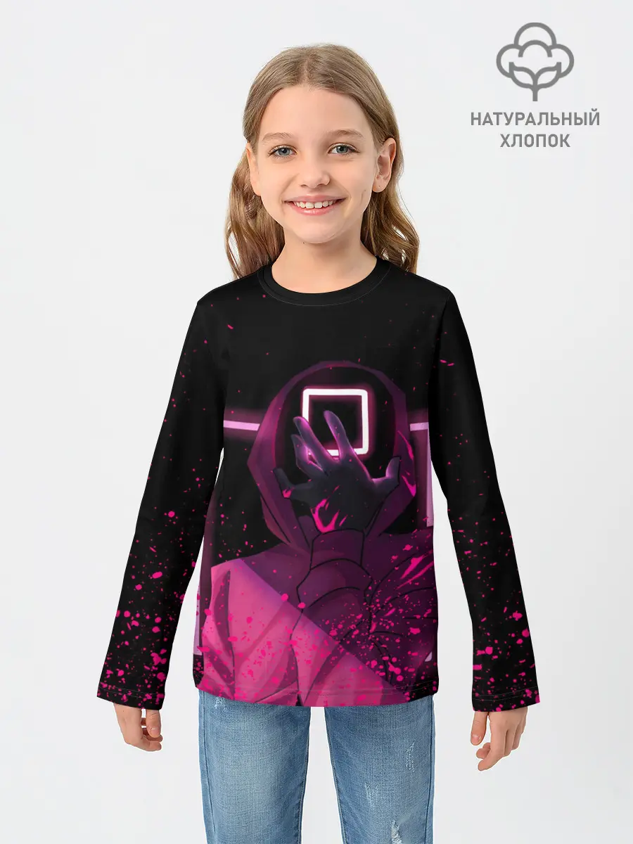 Детский лонгслив / ИГРА В КАЛЬМАРА НЕОН, СТРАЖ КВАДРАТ 029