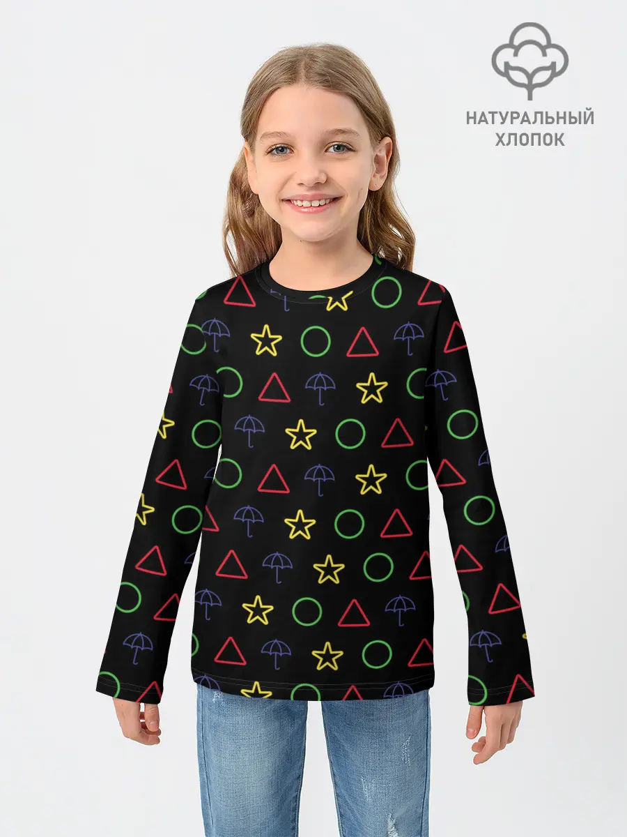 Детский лонгслив / ИГРА В КАЛЬМАРА, ФИГУРКИ ИГРЫ, ПЕЧЕНЬЕ