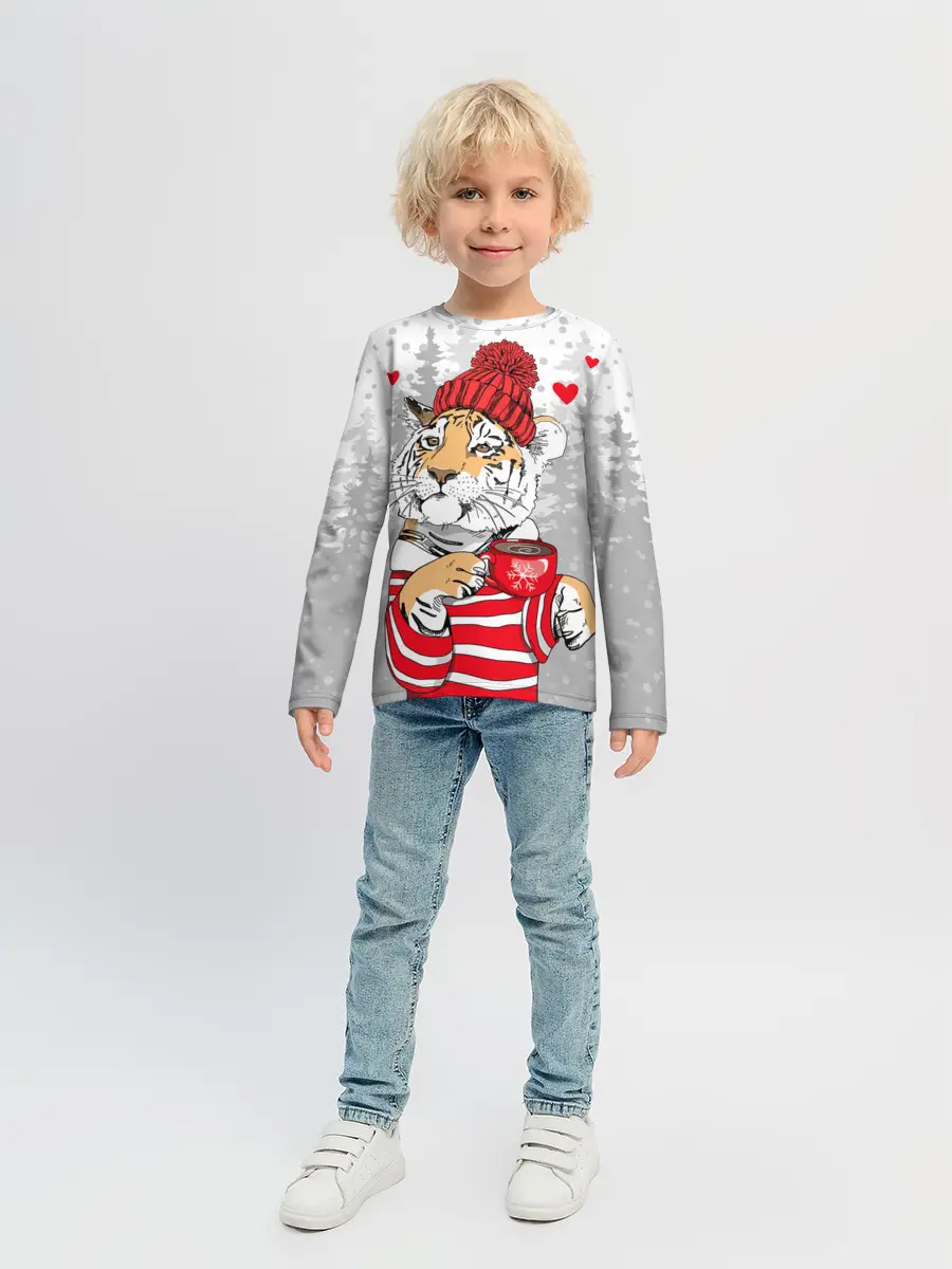 Детский лонгслив / Тигр с чашкой кофе