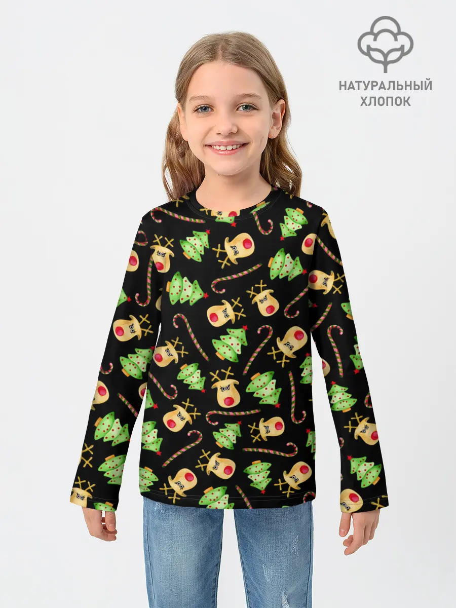Детский лонгслив / Олени, елки и карамель