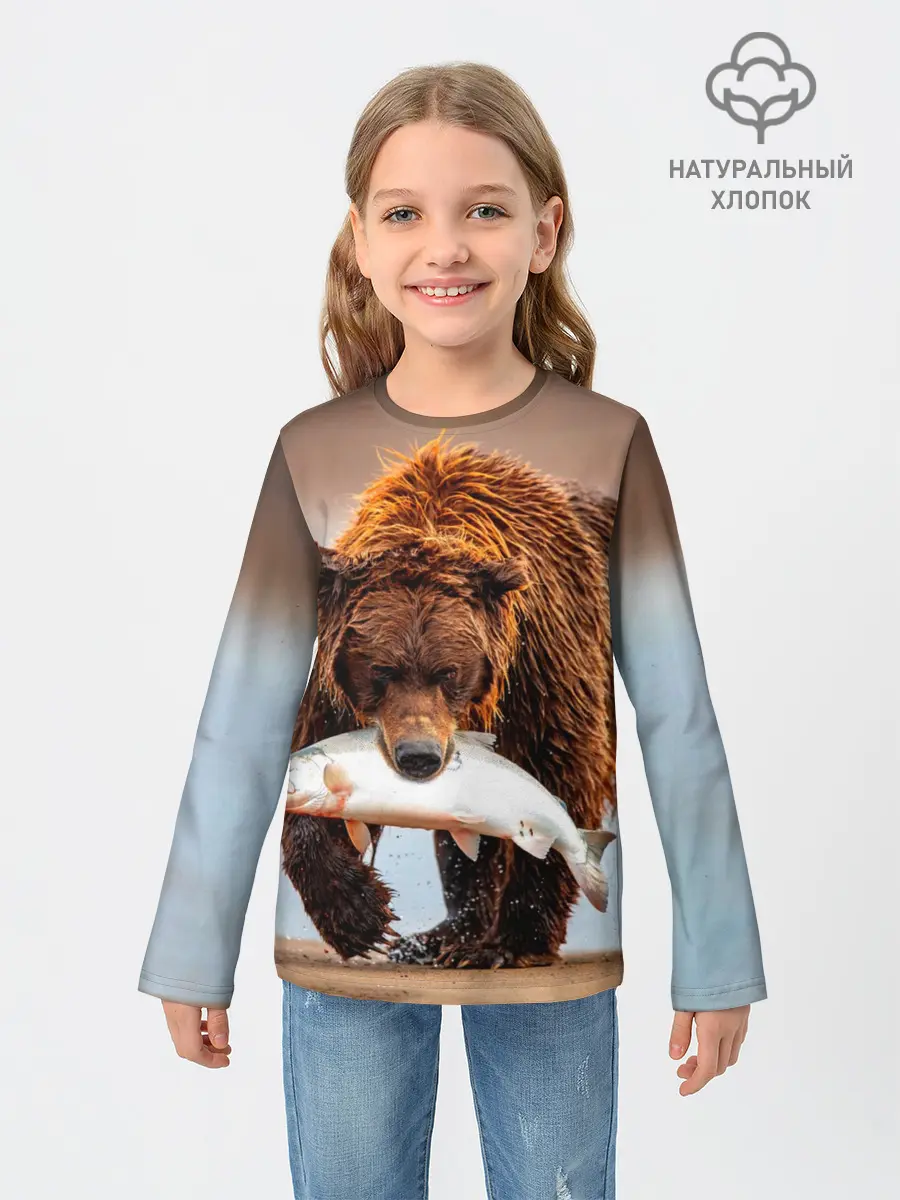 Детский лонгслив / Медведь с рыбой во рту