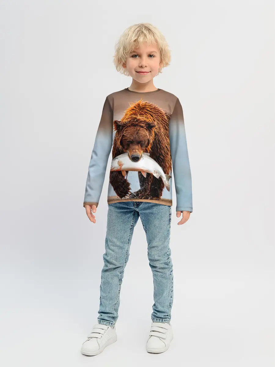 Детский лонгслив / Медведь с рыбой во рту