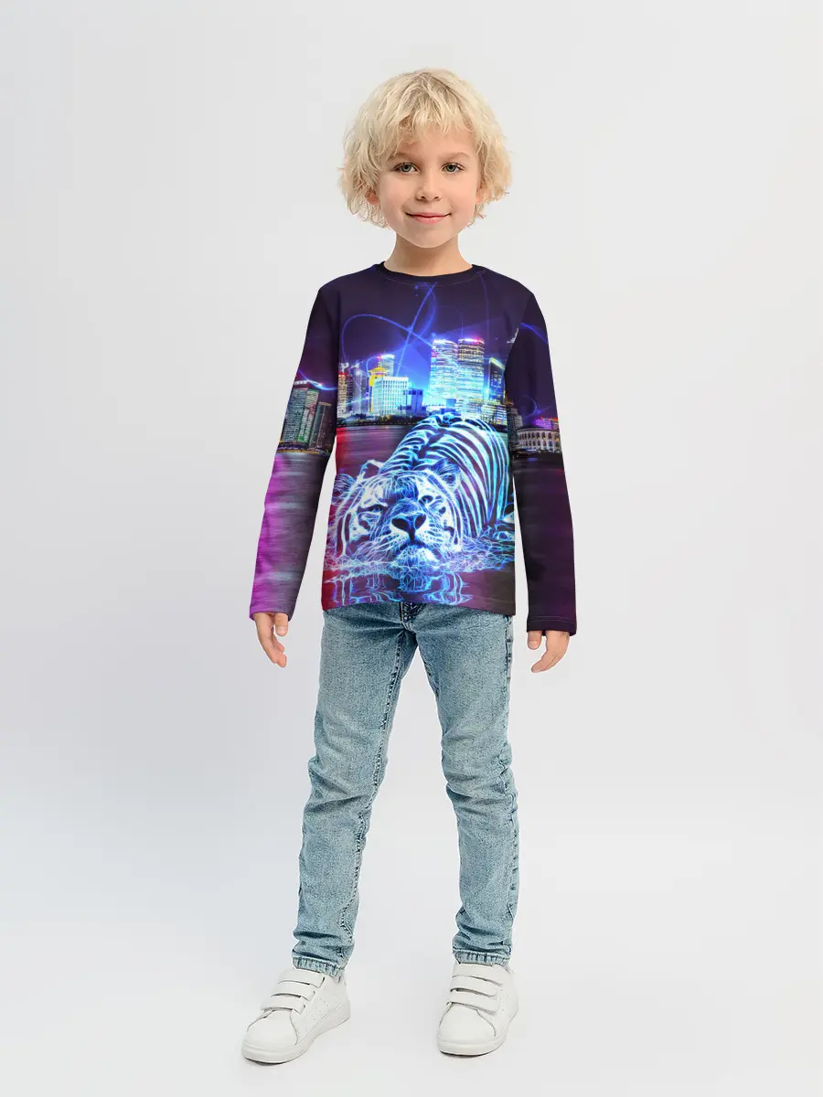 Детский лонгслив / Плывущий неоновый тигр