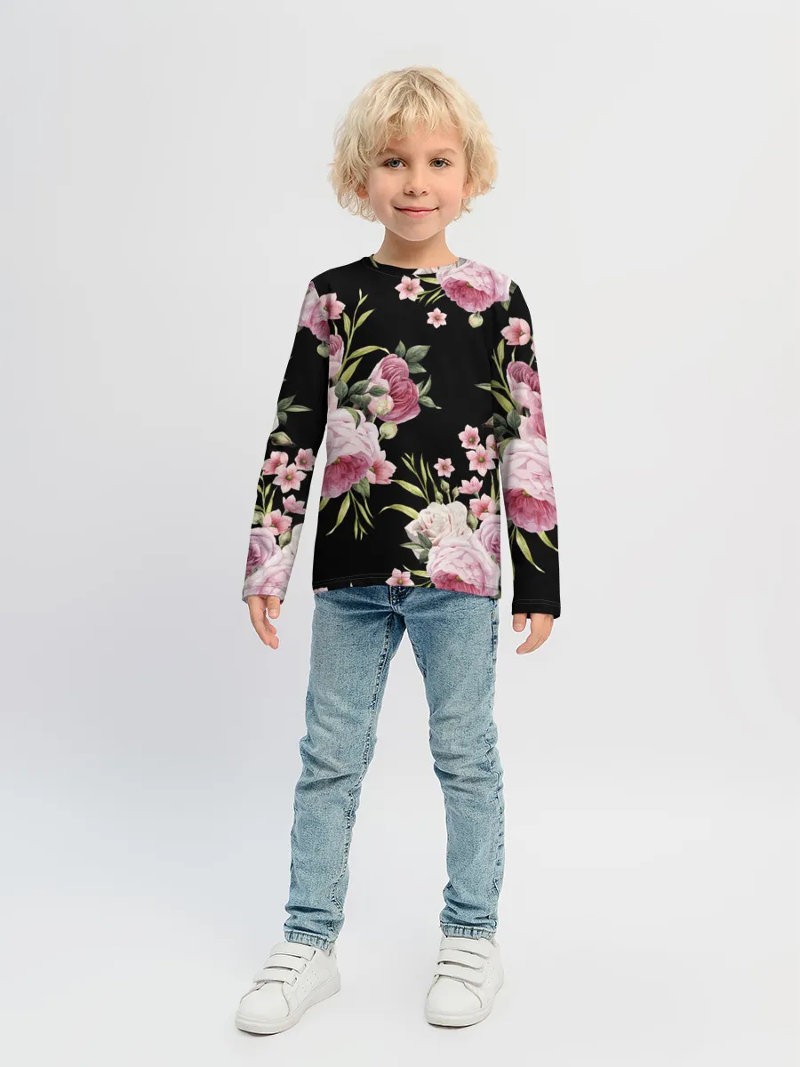 Детский лонгслив / Пионы на Чёрном