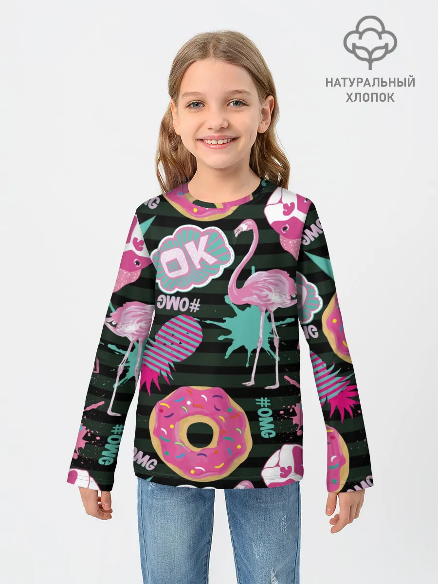 Детский лонгслив / Пончики, мопсы и фламинго.