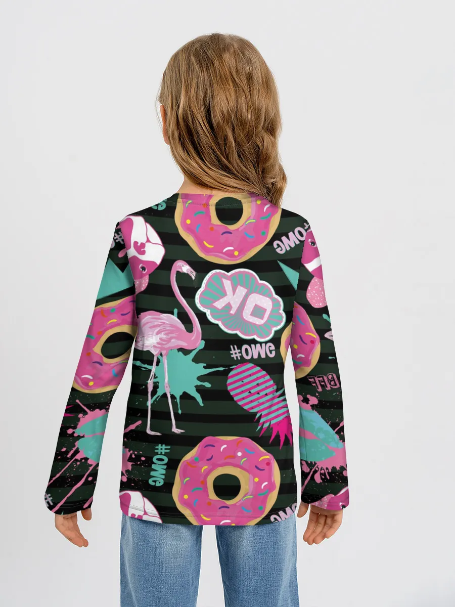 Детский лонгслив / Пончики, мопсы и фламинго.