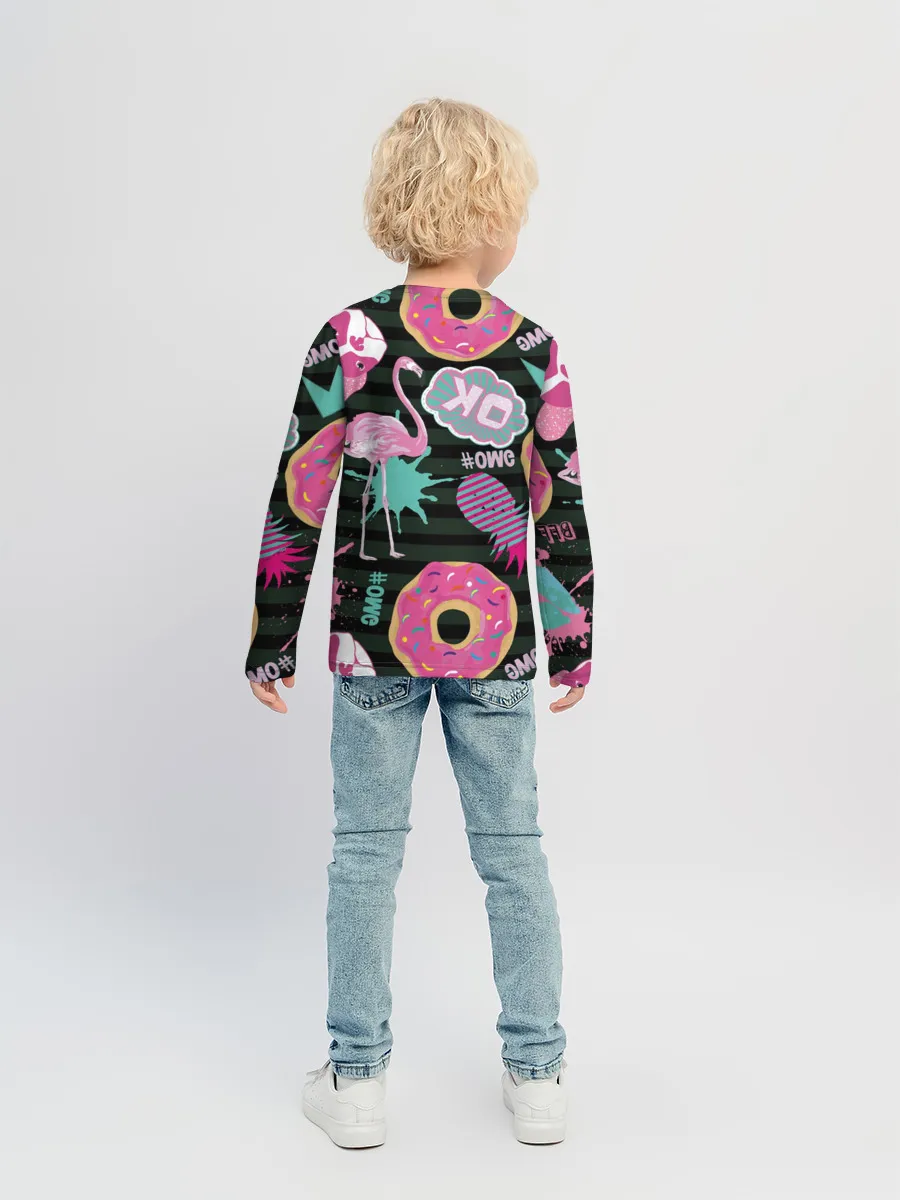 Детский лонгслив / Пончики, мопсы и фламинго.