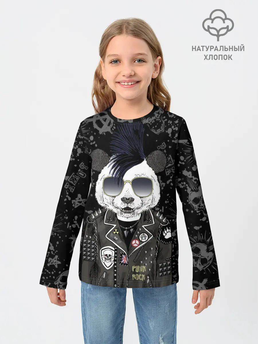 Детский лонгслив / Панда в косухе