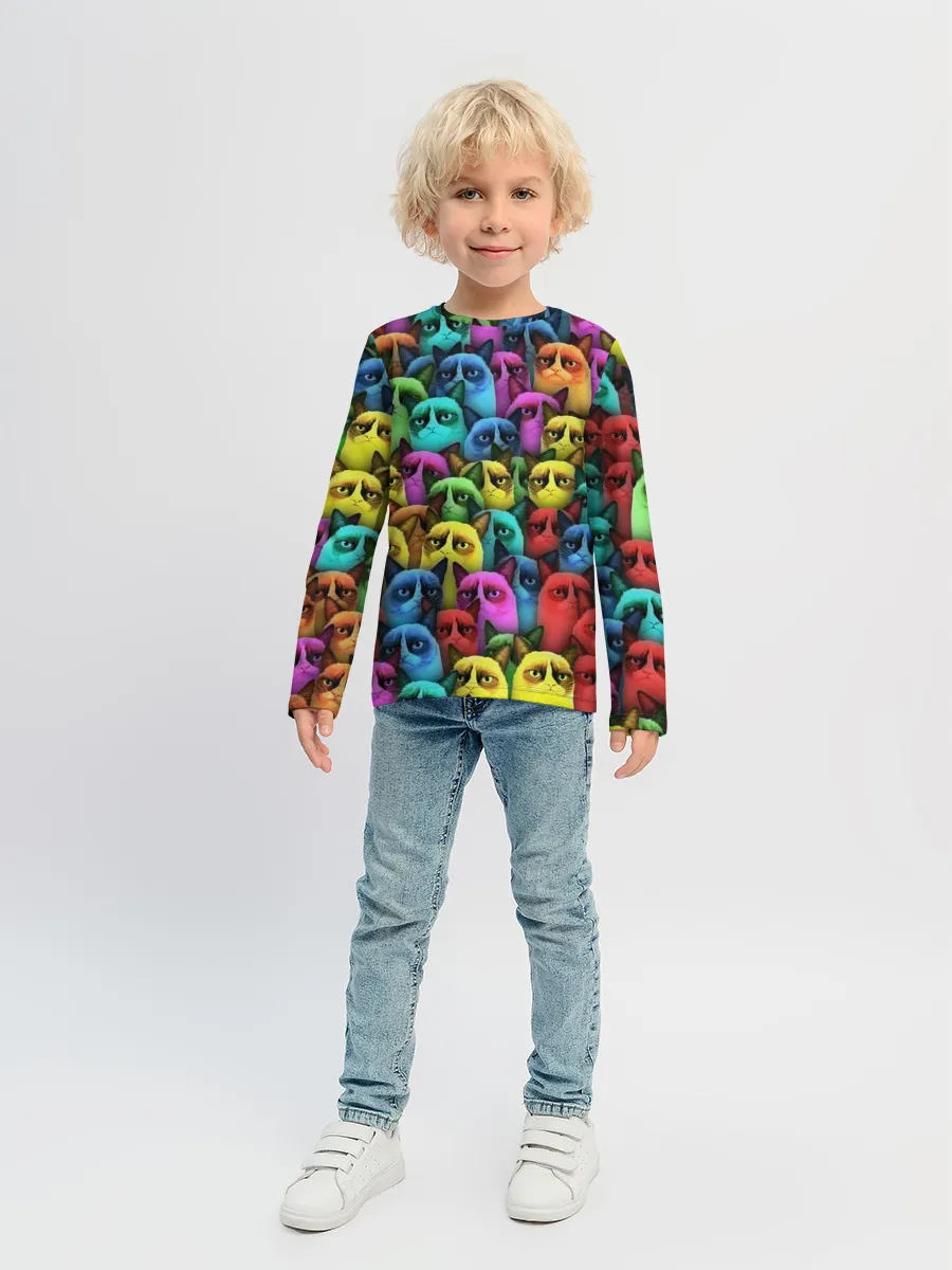 Детский лонгслив / Разноцветные сердитые коты