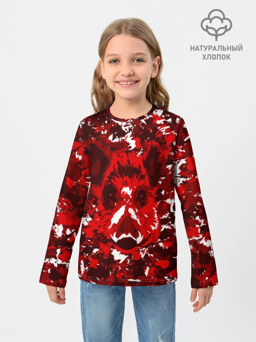 Детский лонгслив / Краснобелый камуфляж с кабаном