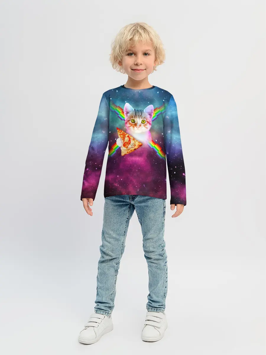 Детский лонгслив / Кот с радугой и пиццей