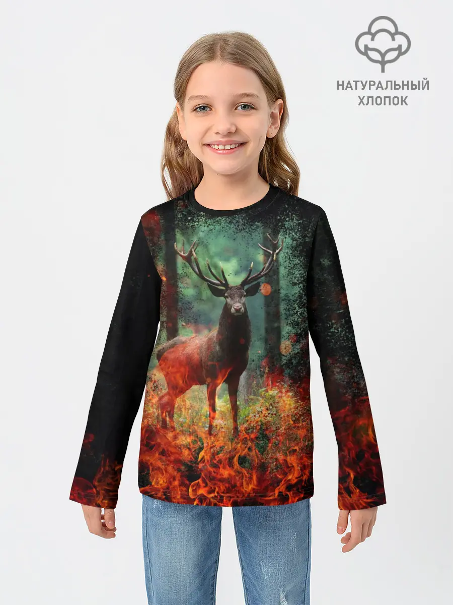 Детский лонгслив / Олень в горящем лесу Сибири