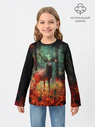 Детский лонгслив / Олень в горящем лесу Сибири