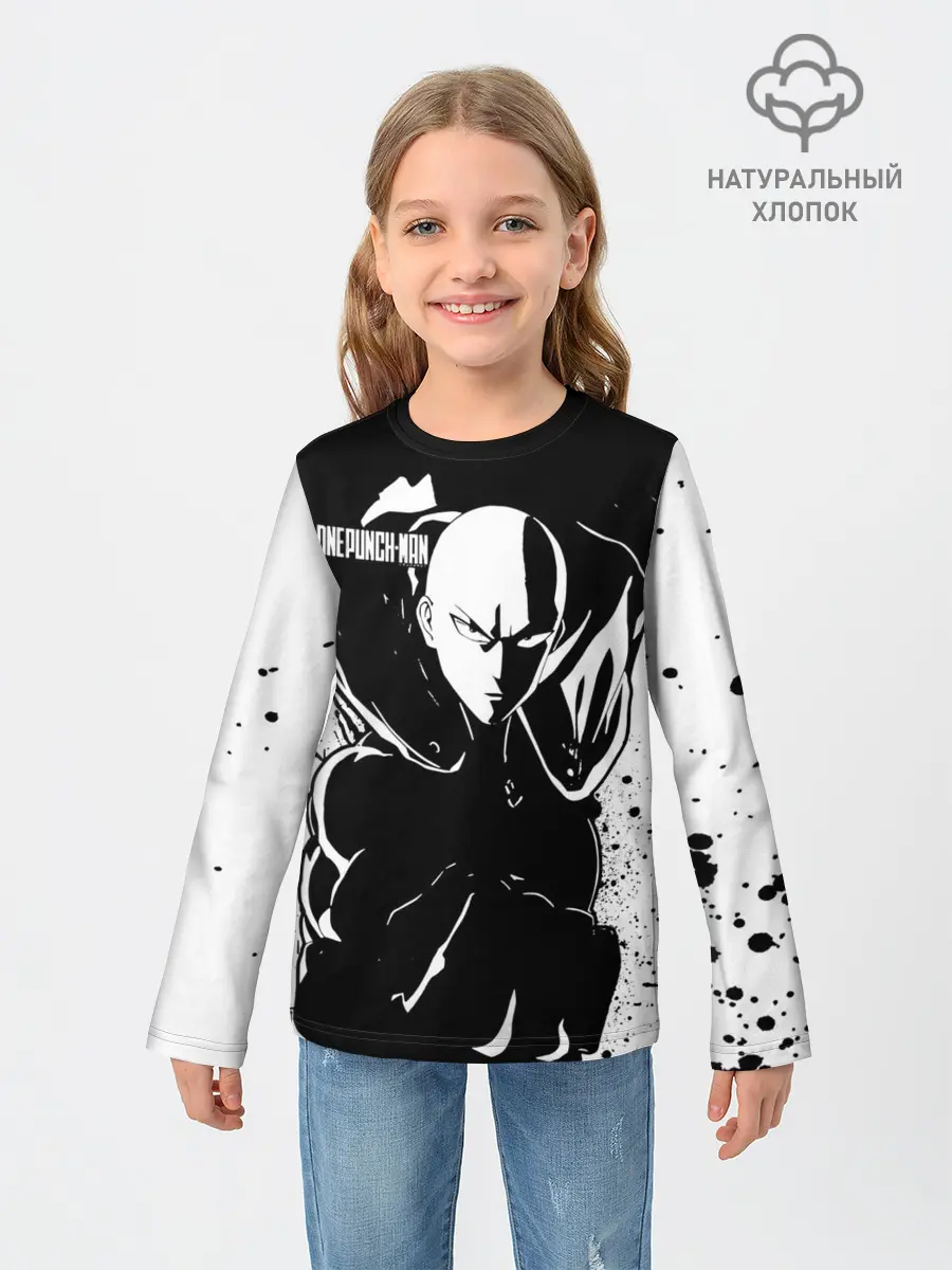 Детский лонгслив / Черно-белый Сайтама One Punch-Man
