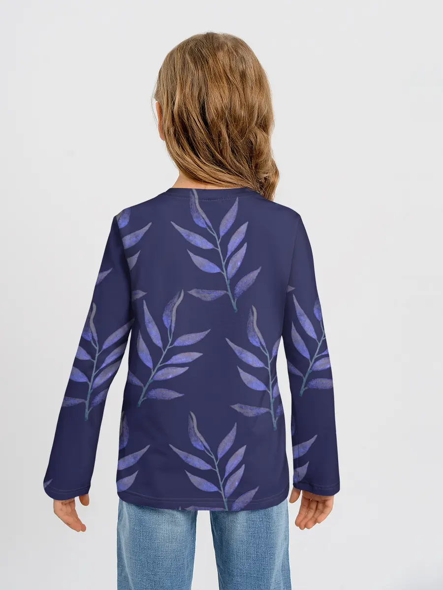 Детский лонгслив / Листья на темно синем фоне