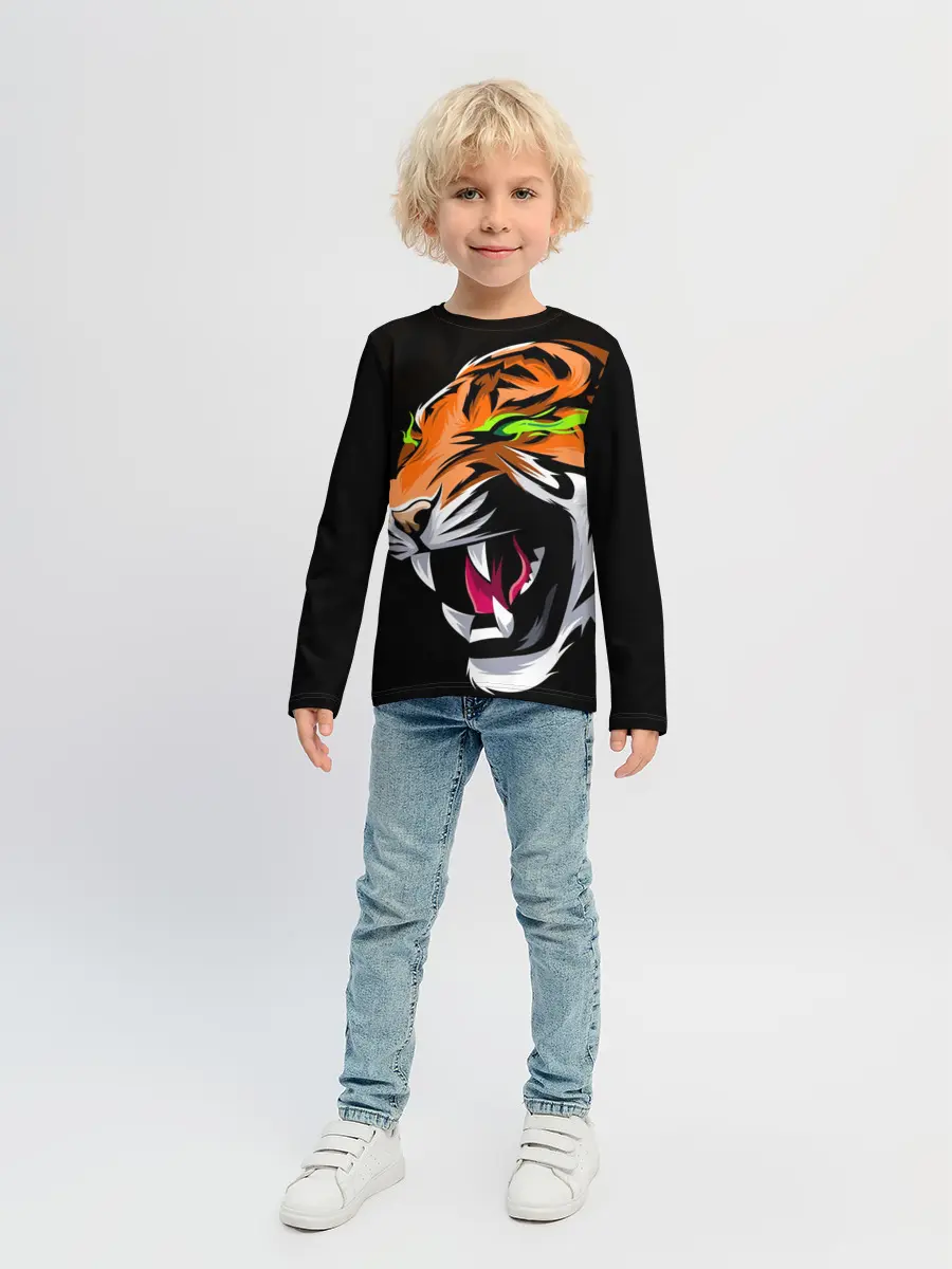 Детский лонгслив / Тигр, с зелеными глазами