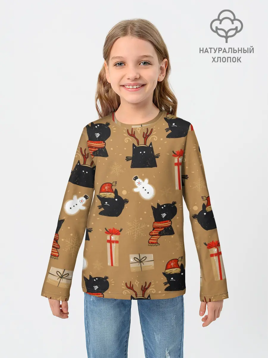 Детский лонгслив / Черные новогодние коты