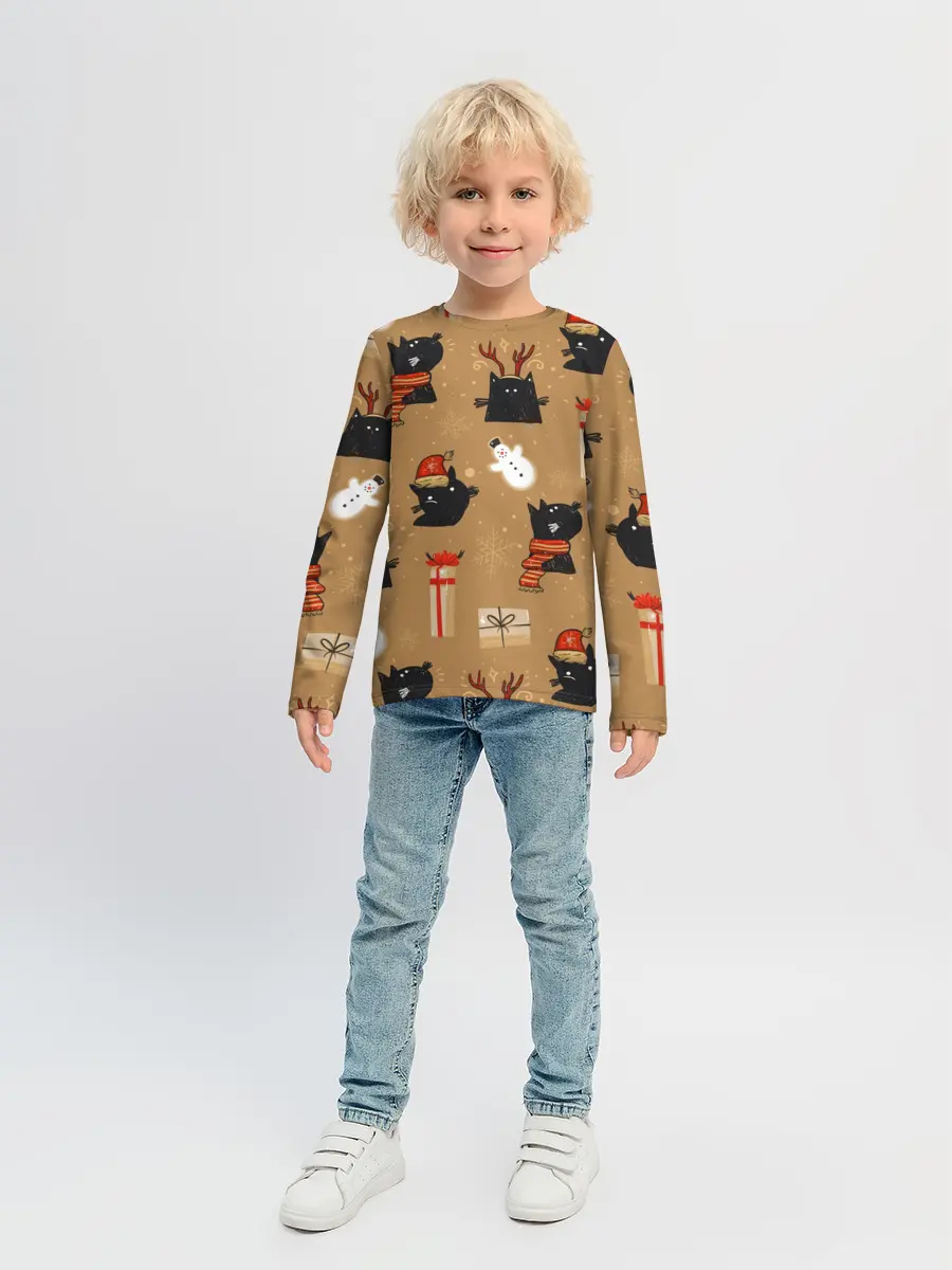 Детский лонгслив / Черные новогодние коты