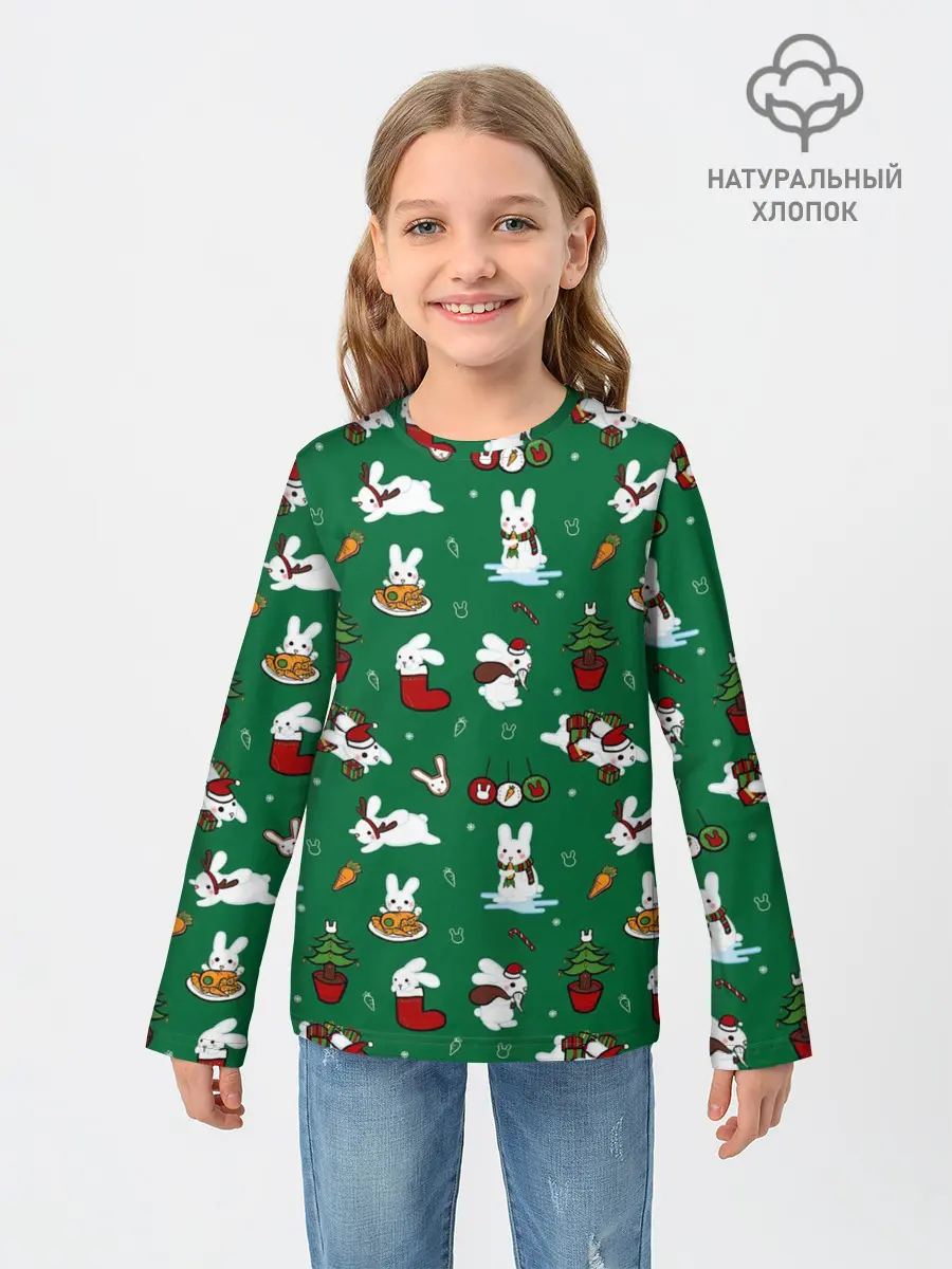 Детский лонгслив / Новогодний паттерн с зайчиками