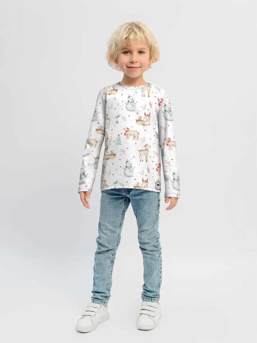 Детский лонгслив / Паттерн с оленями и медведями