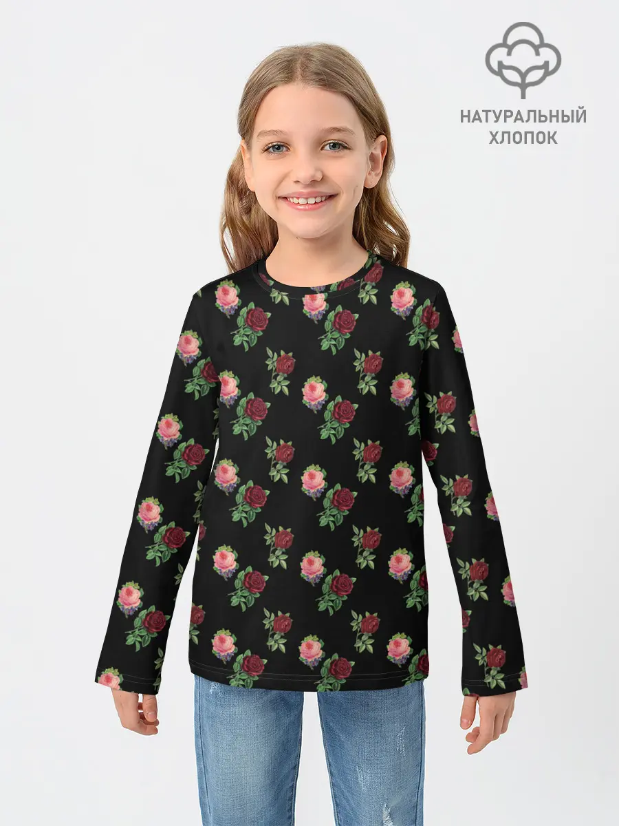 Детский лонгслив / принт розы черный фон