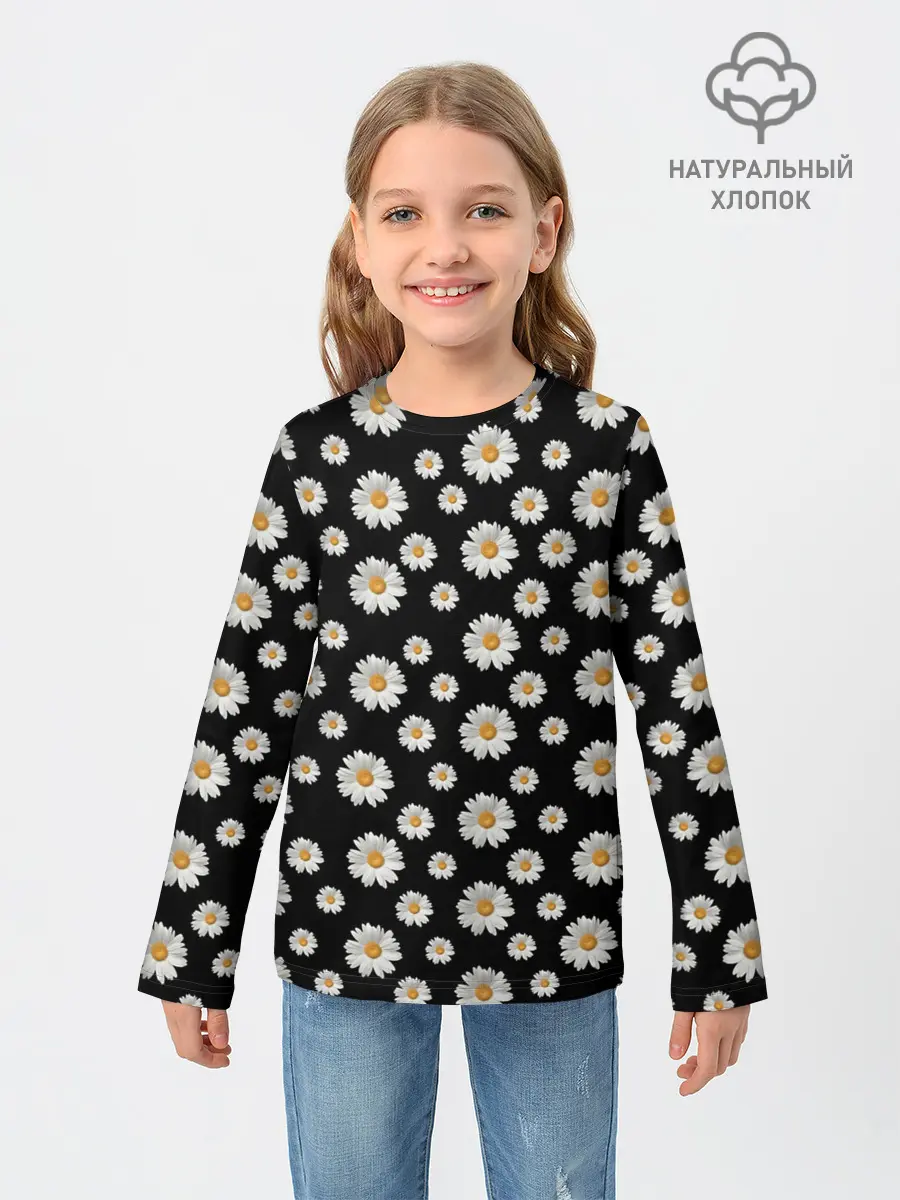 Детский лонгслив / Ромашки на чёрном