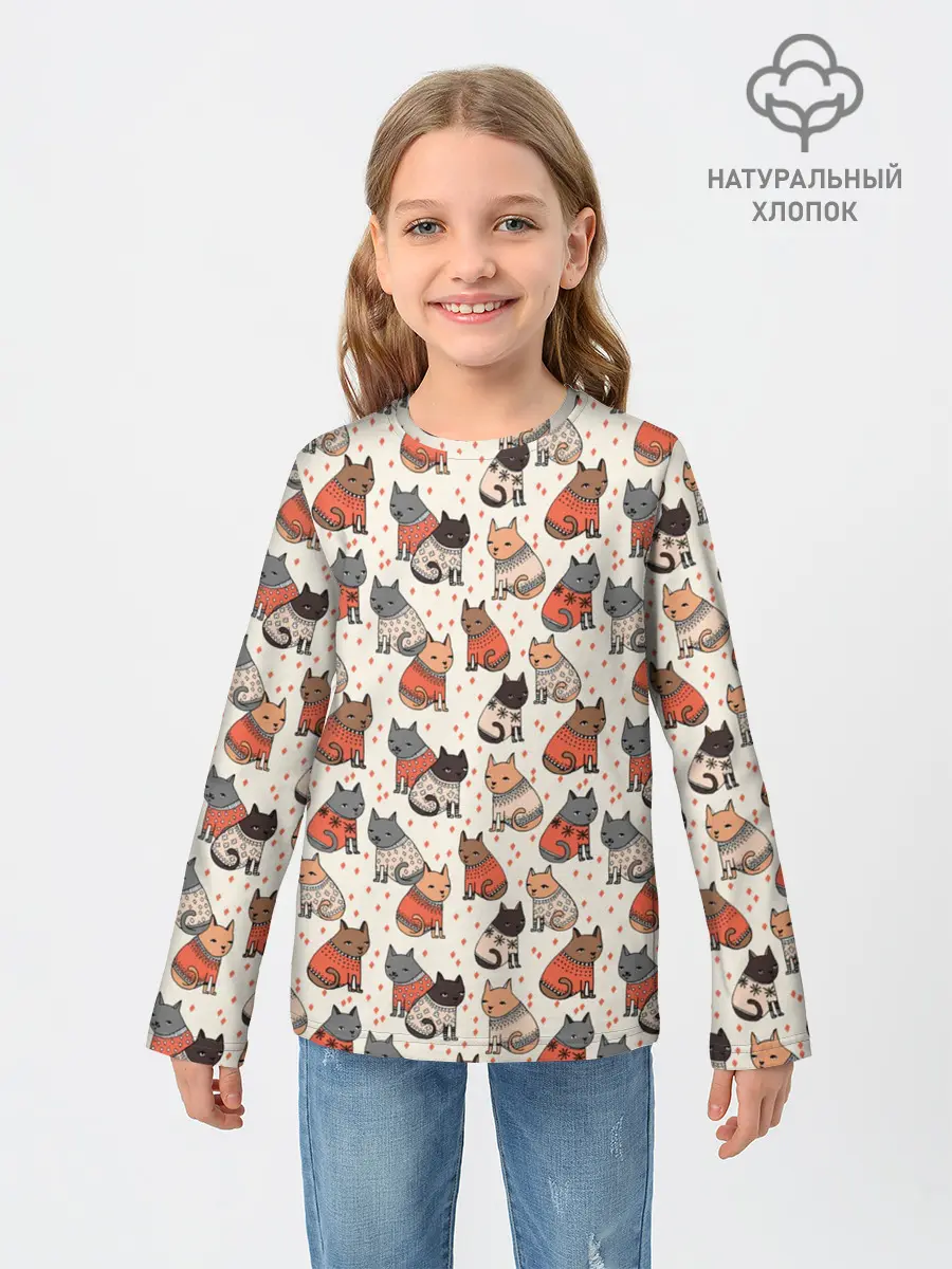 Детский лонгслив / Коты в Свитерах Паттерн