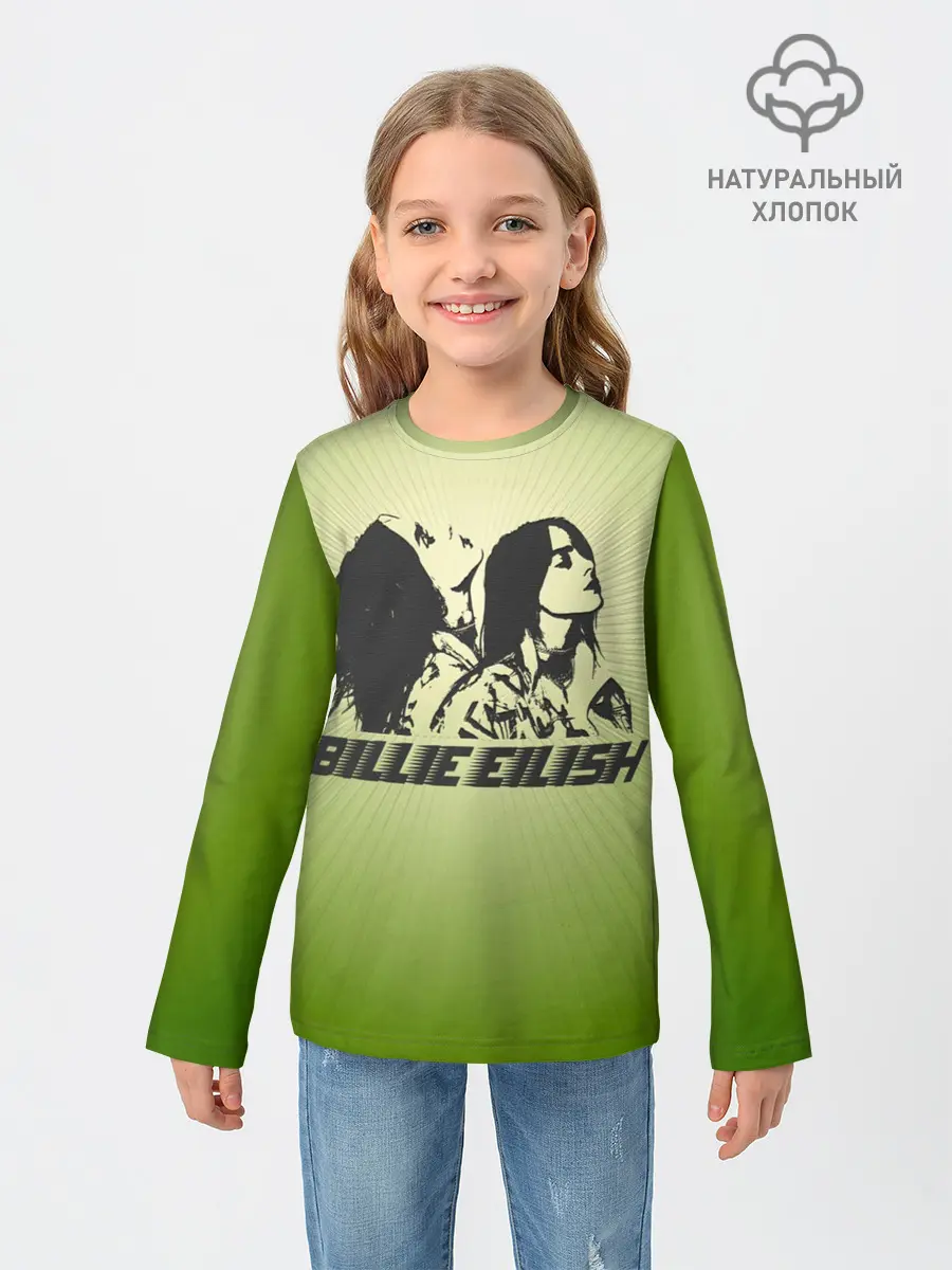 Детский лонгслив / Билли Айлиш на зеленом фоне