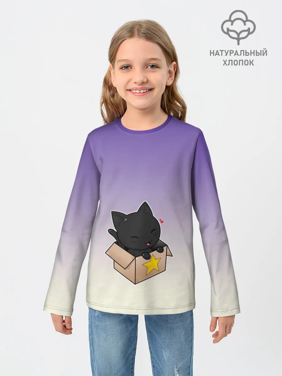 Детский лонгслив / черный котенок в коробке