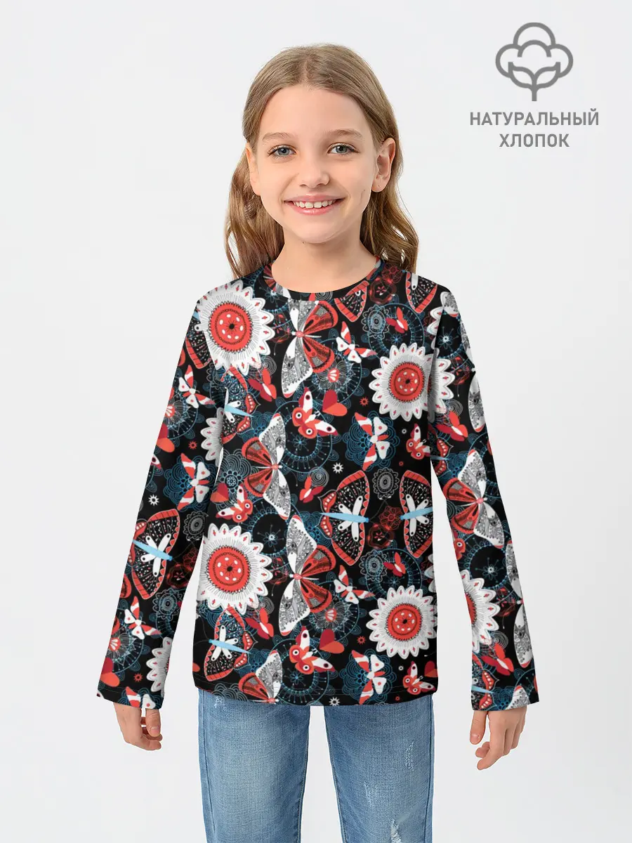 Детский лонгслив / Паттерн из Бабочек с Цветами