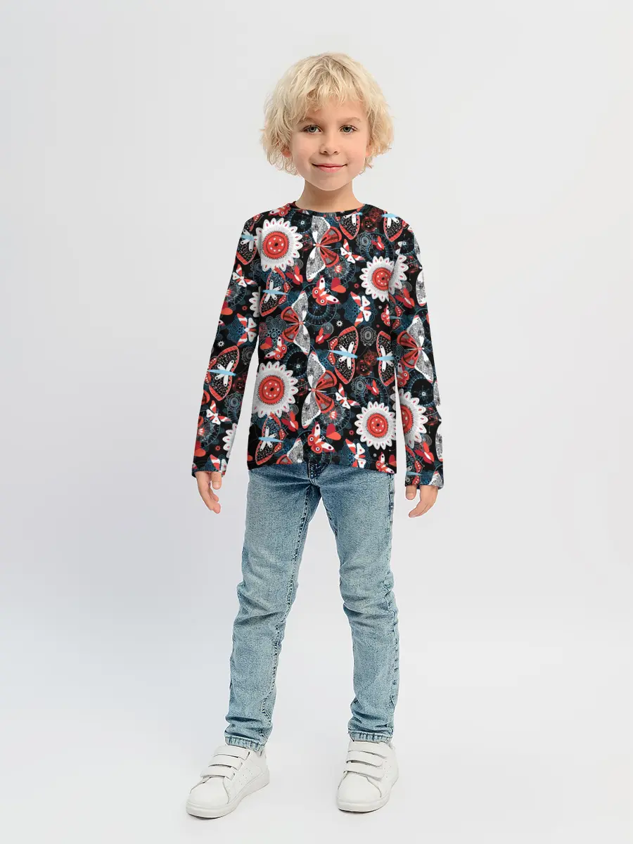 Детский лонгслив / Паттерн из Бабочек с Цветами